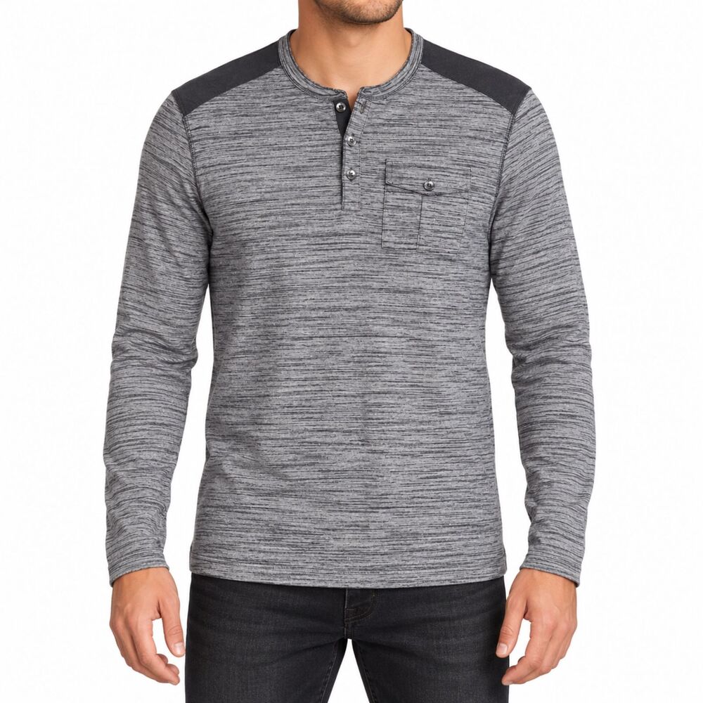 Guess Men’s Long Sleeve Henley Shirt in Gray | Size Medium